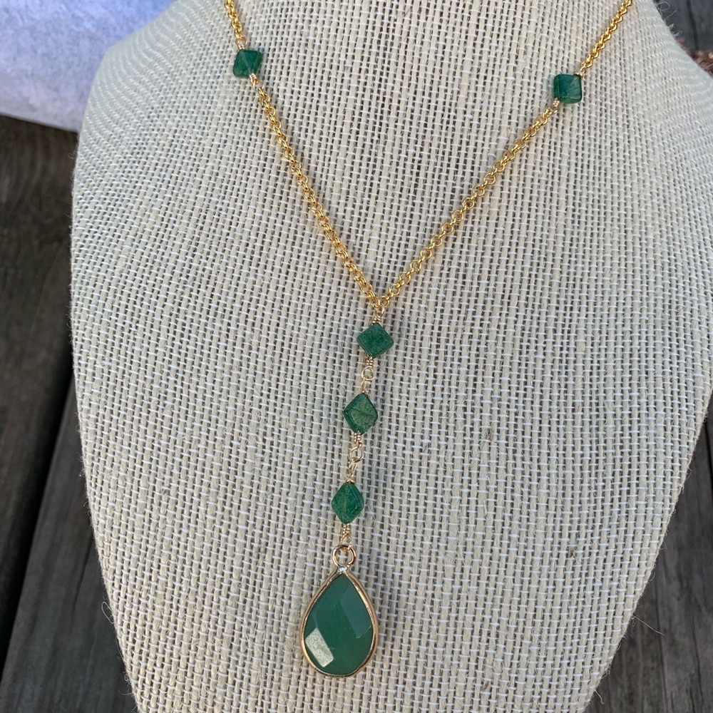 Green Aventurine Gemstone Gold Necklace Y shape